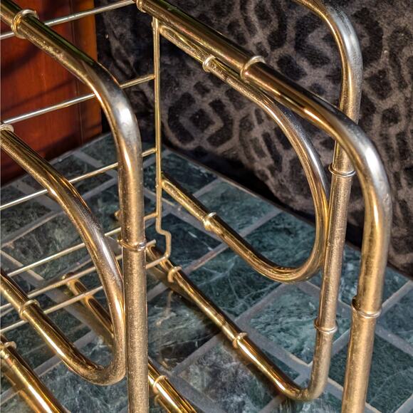 Vintage MCM Polished Brass Faux Bamboo Magazine Rack or Blanket Wood Book Holder - Picture 7 of 8